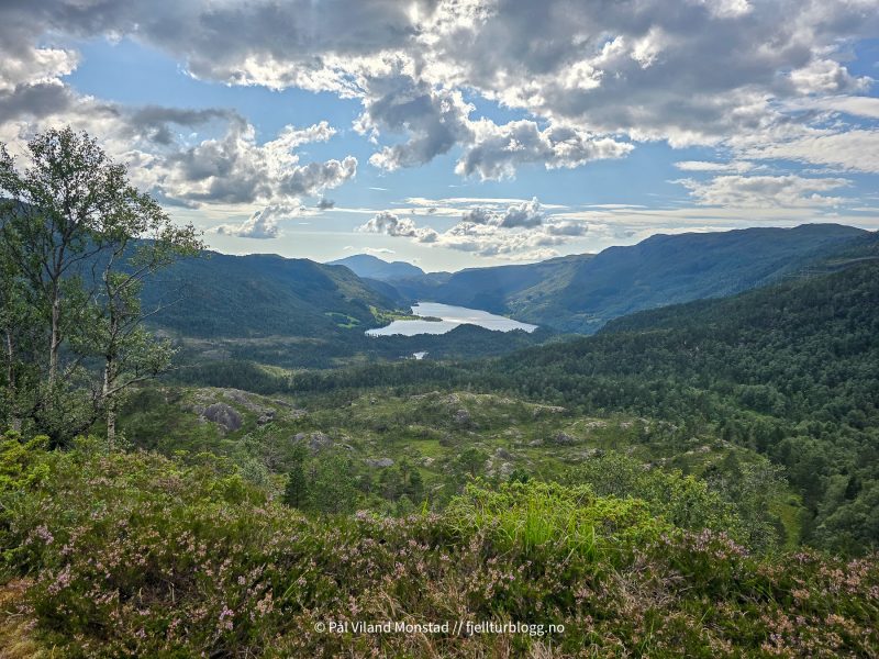 Fra en av flere benker/bord plassert på utsiktspunkt mot Fjellgardsvatnet.