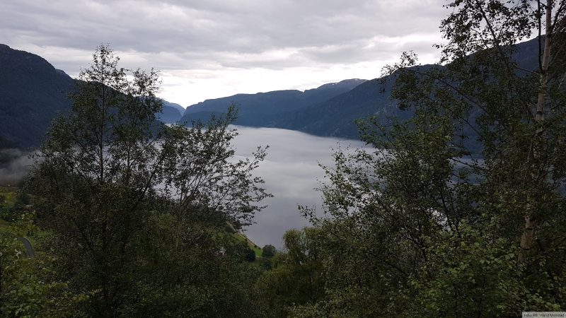 På vei mellom Nesflaten i Bråtveit. Suldalsvatnet ligger under et tåketeppe.
