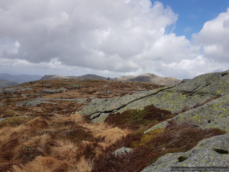 Varden på Våbrekkefjell nærmer seg. Man skimter også varden på Trollafjellet på toppen bak til høyre.