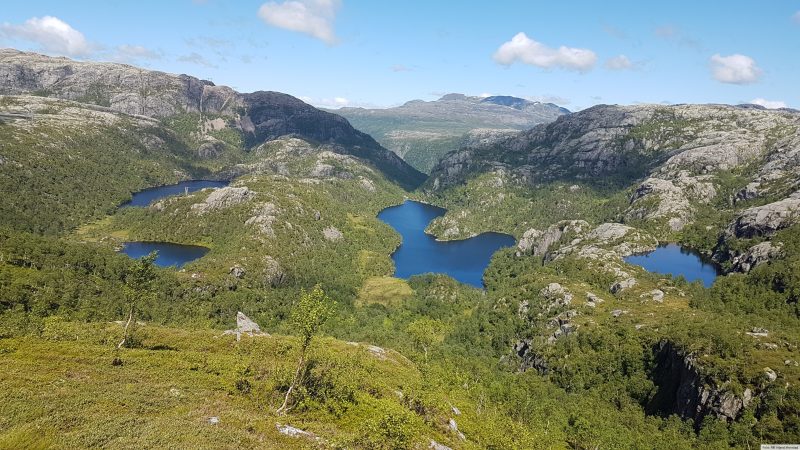 Ganske langt oppe i Fagerdalsbakkane, med utsikt over fra høyre til venstre: Skoratjørna, Strandavatnet, Nedra Løyningstjørna og Nedra Løyningsvatnet.